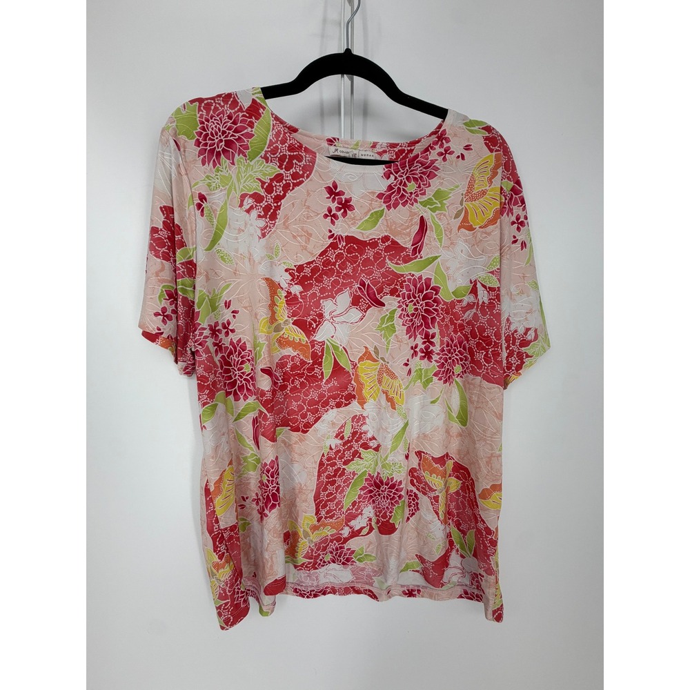 JM Collection Top Womens 1X Pink Floral Butterfly Short Sleeve Scoop Neck Garden